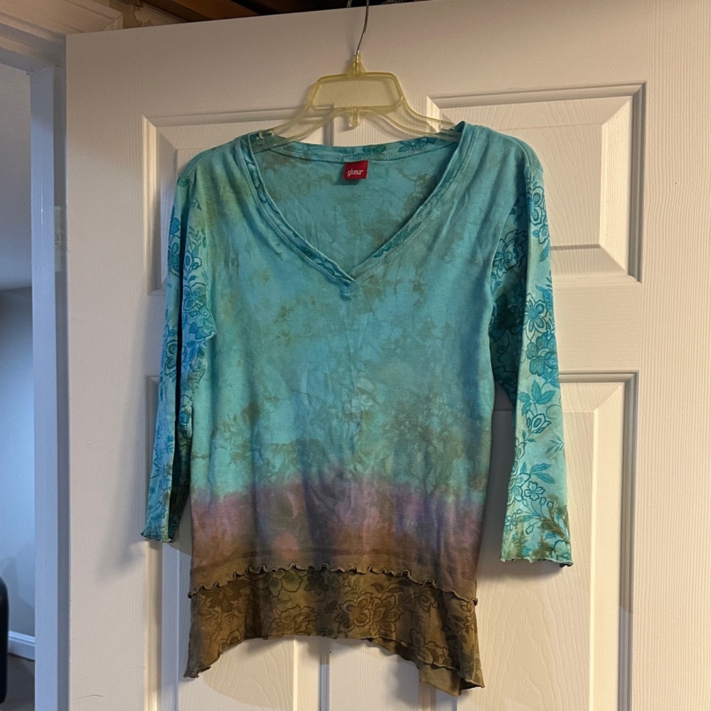 Johnny Was Blue-Green Tie-Dye V-Neck Long Sleeve Top